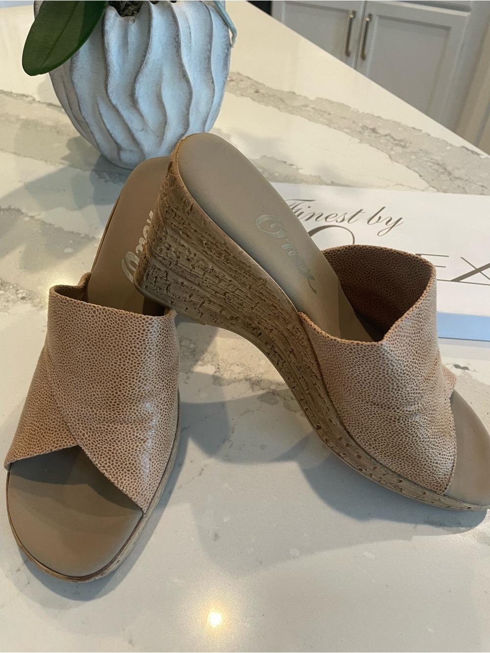 Onex Tan Leather Cork Platform Wedge Slide Sandals